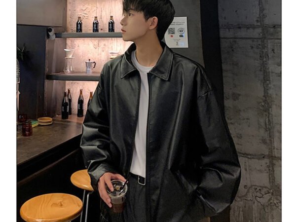 Leather jacket for men in autumn, loose fit, American retro, cool and high-end, explosive street style, Hong Kong style PU leather jacket