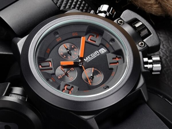 MEGIR Men's Casual Quartz Watch 3D Engraved Dial Black Silicone watches men Waterproof Military Sport Watch